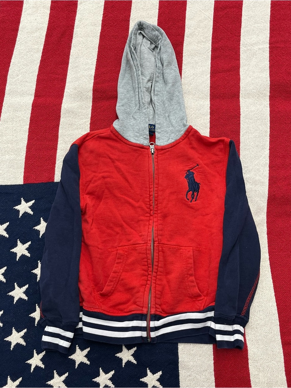 Polo Ralph Lauren 67 Red & Navy Zip-Up Hoodie with Gray Hood Size 6